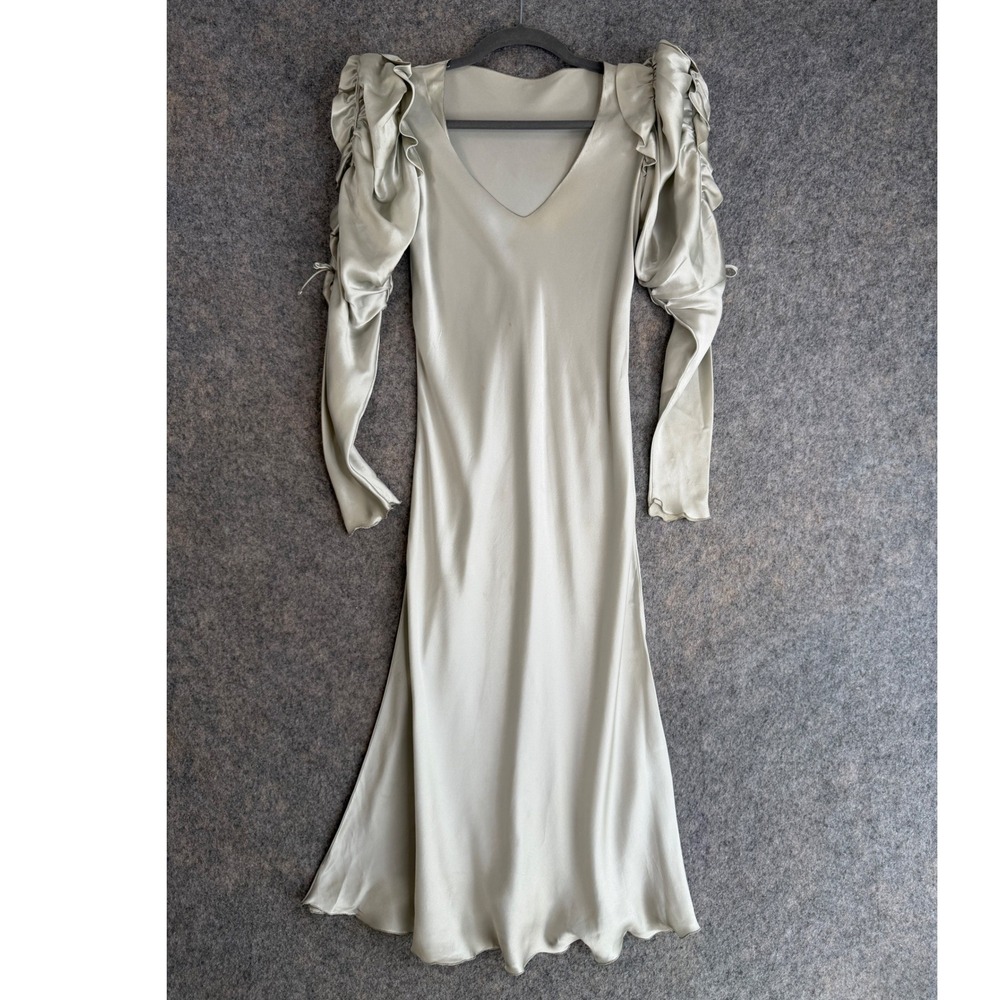 Vintage 80s Cache Silk Midi Dress 4 Silver Ethereal Puff Sleeve Romantic Gown